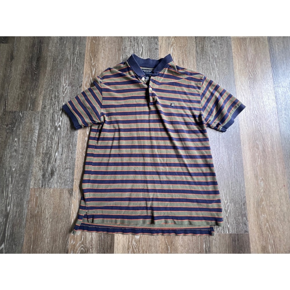 American Eagle Polo Shirt Mens Large Multi Color Striped Short Sleeve Cotton